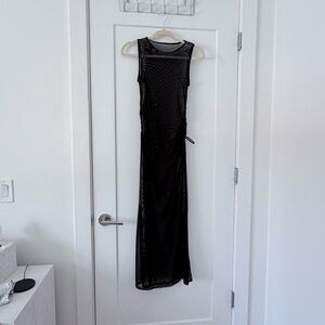 Elegant Black Mesh Sleeveless Swim Cover Up Dress with Ruched Sides, Size small